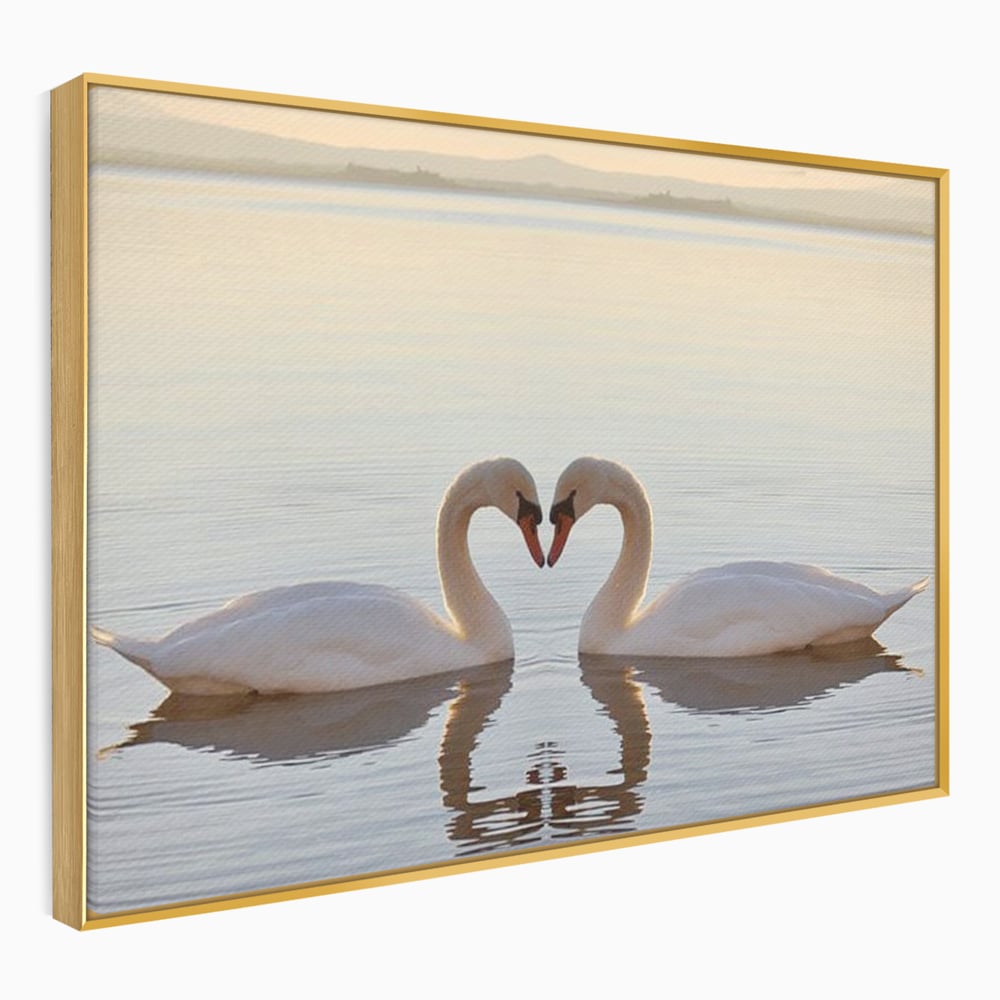 Tablou canvas cu tablou canvas cu lebede pe lac, in rama de aluminiu auriu